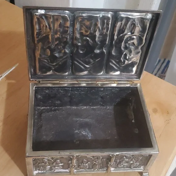 Gothic Revival Bronze Jewelry Box with Biblical Scenes in Church Window Panels